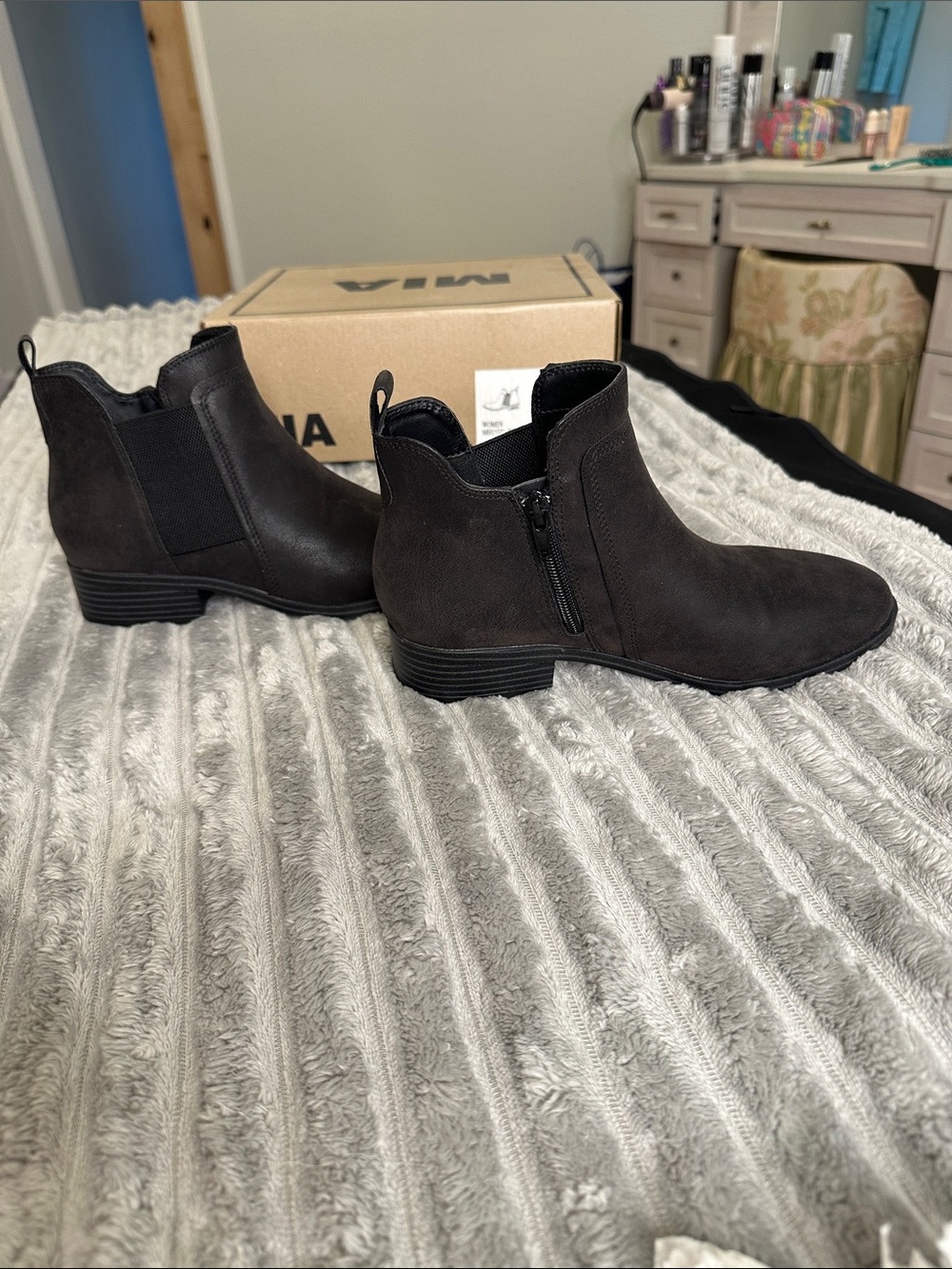 MIA Women's Dark Brown Suede Ankle Booties with Side Zip